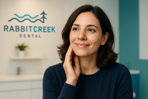 Smiling woman touching her face at Rabbitcreek Dental.