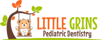 a logo for little grins pediatric dentistry with a teddy bear on a swing