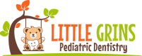 a logo for little grins pediatric dentistry with a teddy bear on a swing