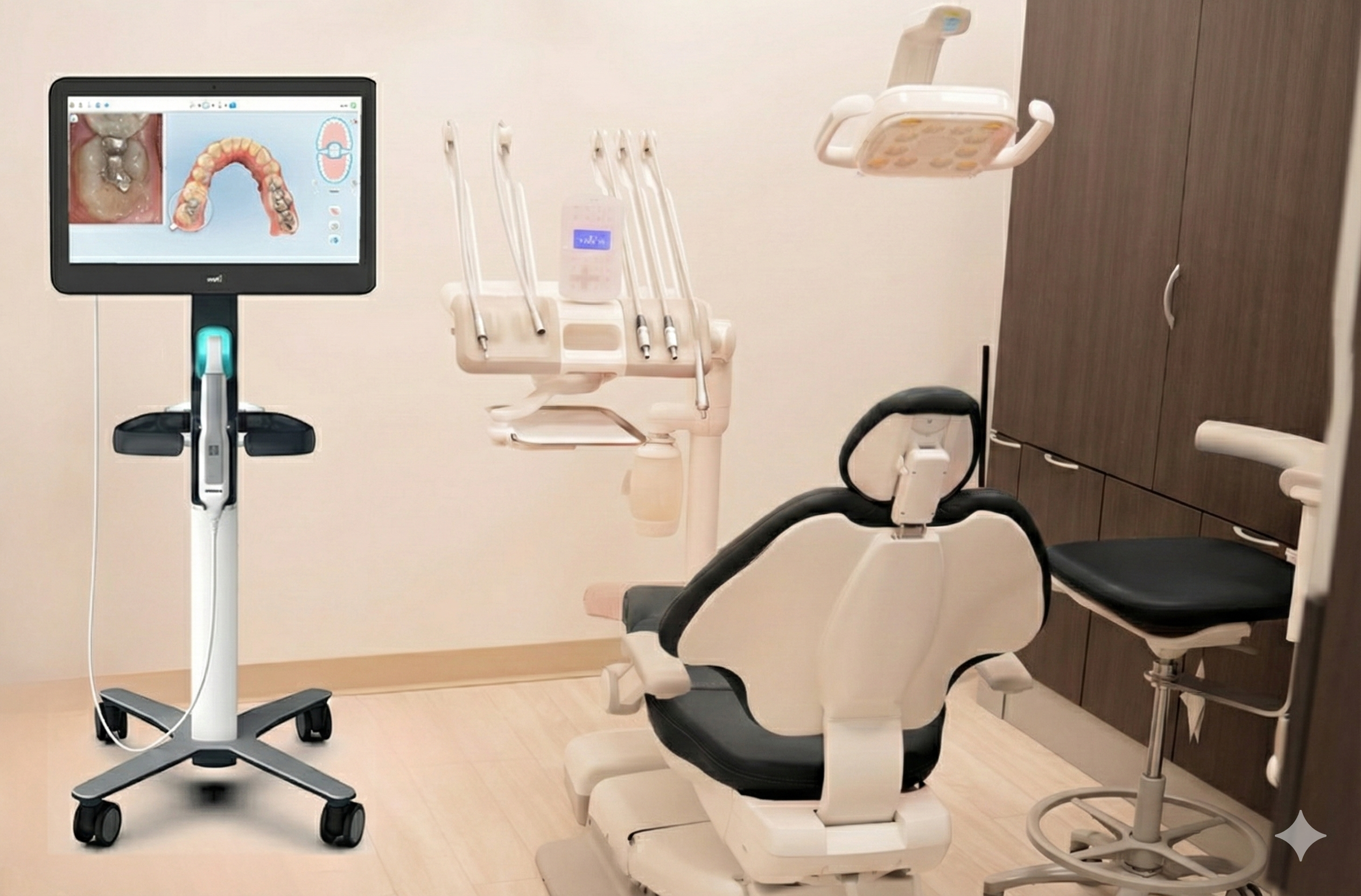 A modern dental operatory with a dental chair, instruments, an overhead light, and a digital intraoral scanner displaying a 3D dental model on its screen.