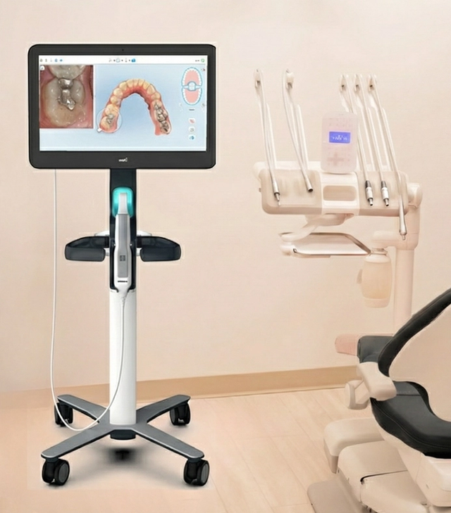A modern dental operatory with a dental chair, instruments, an overhead light, and a digital intraoral scanner displaying a 3D dental model on its screen.