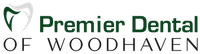 the logo for premier dental of woodhaven is green and white on a black background .