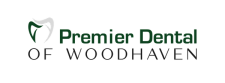 the logo for premier dental of woodhaven is green and white on a black background .