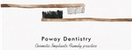 a business card for poway dentistry shows two toothbrushes