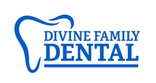 a logo for divine family dental with a blue tooth