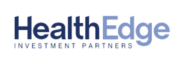 a blue and white logo for health edge investment partners