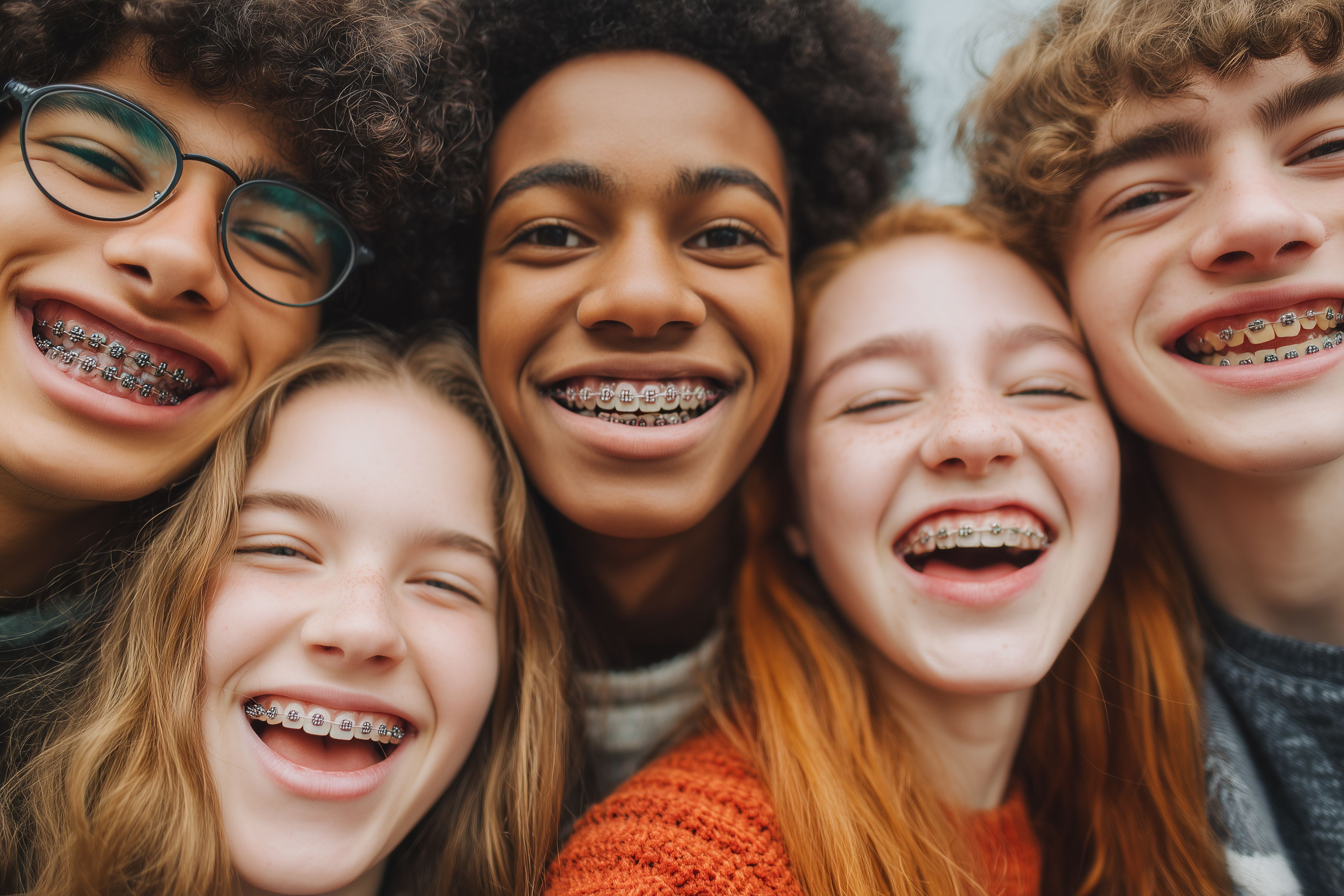 a group of young people with braces are smiling for the camera .