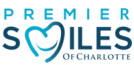 a blue and black logo for premier smiles of charlotte