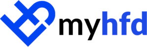 a blue logo for hfd is shown on a black background