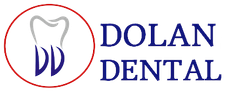 a logo for dolan dental with a tooth in the middle