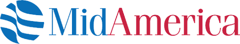 a blue and red mid america logo on a black background