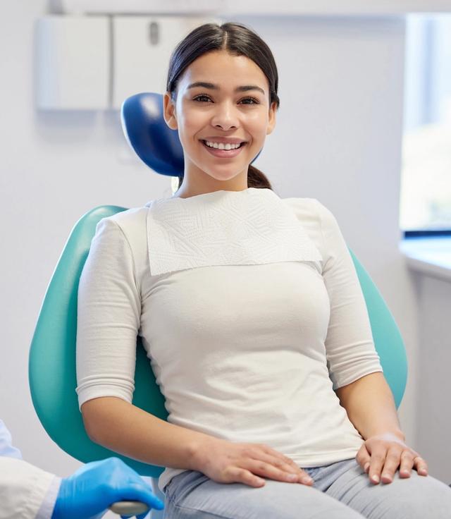 a woman is sitting in a dental chair next to a dentist .
