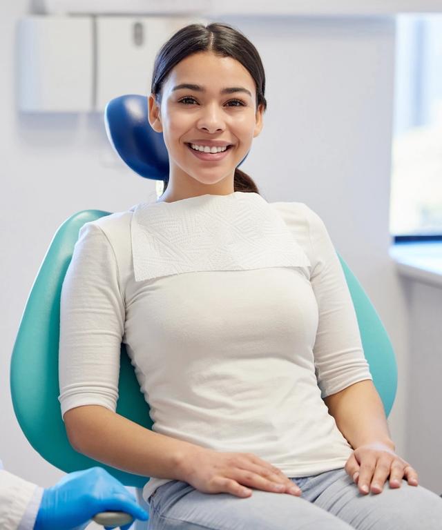 a woman is sitting in a dental chair next to a dentist .