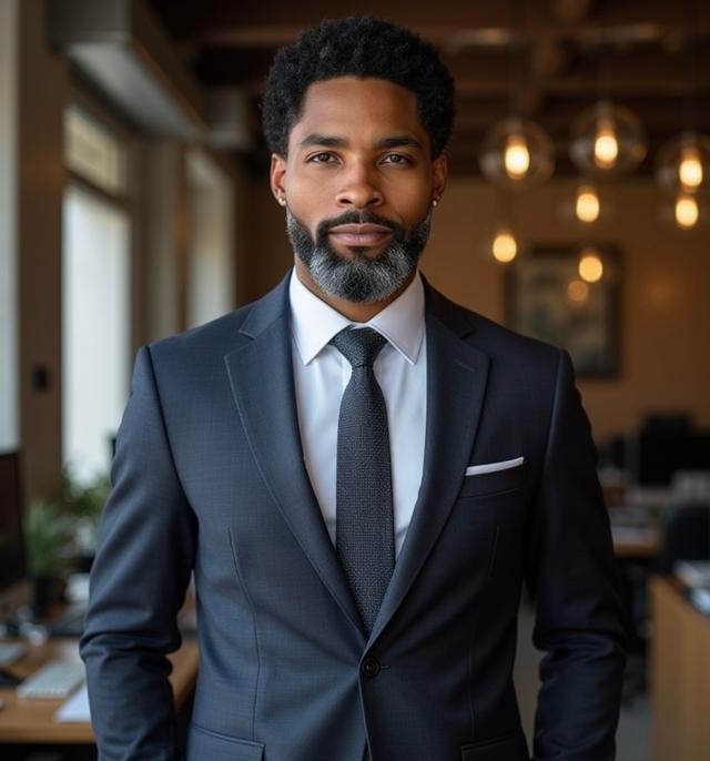 A man with dark curly hair and a salt-and-pepper beard wearing a dark suit.