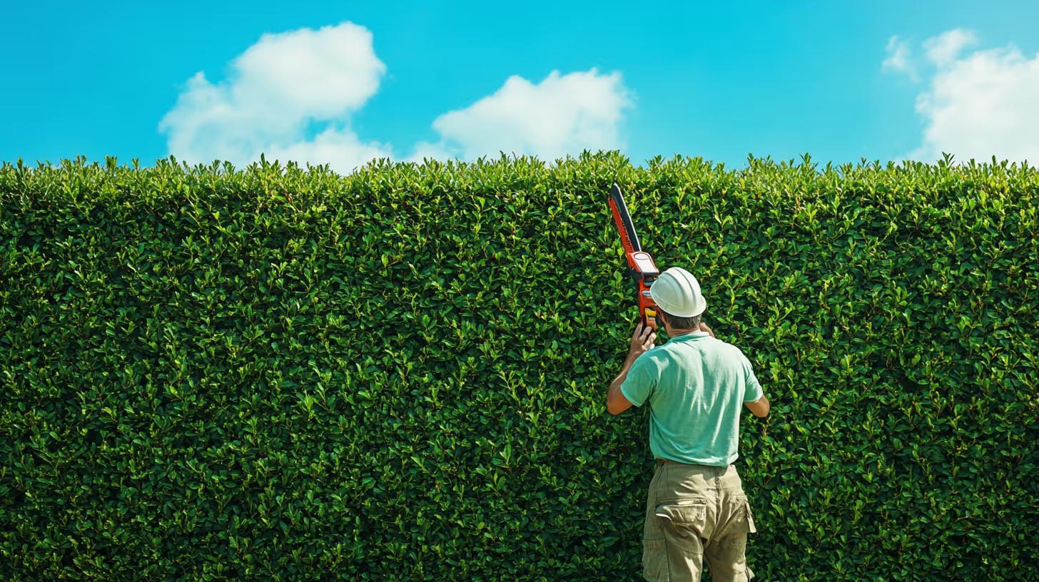 Landscaper neatly trimming a tall hedge on a sunny day.