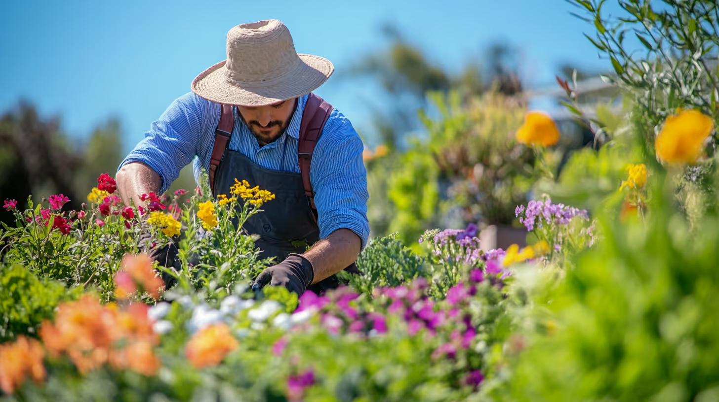 A gardener planting colourful flowers in a well-kept garden bed.