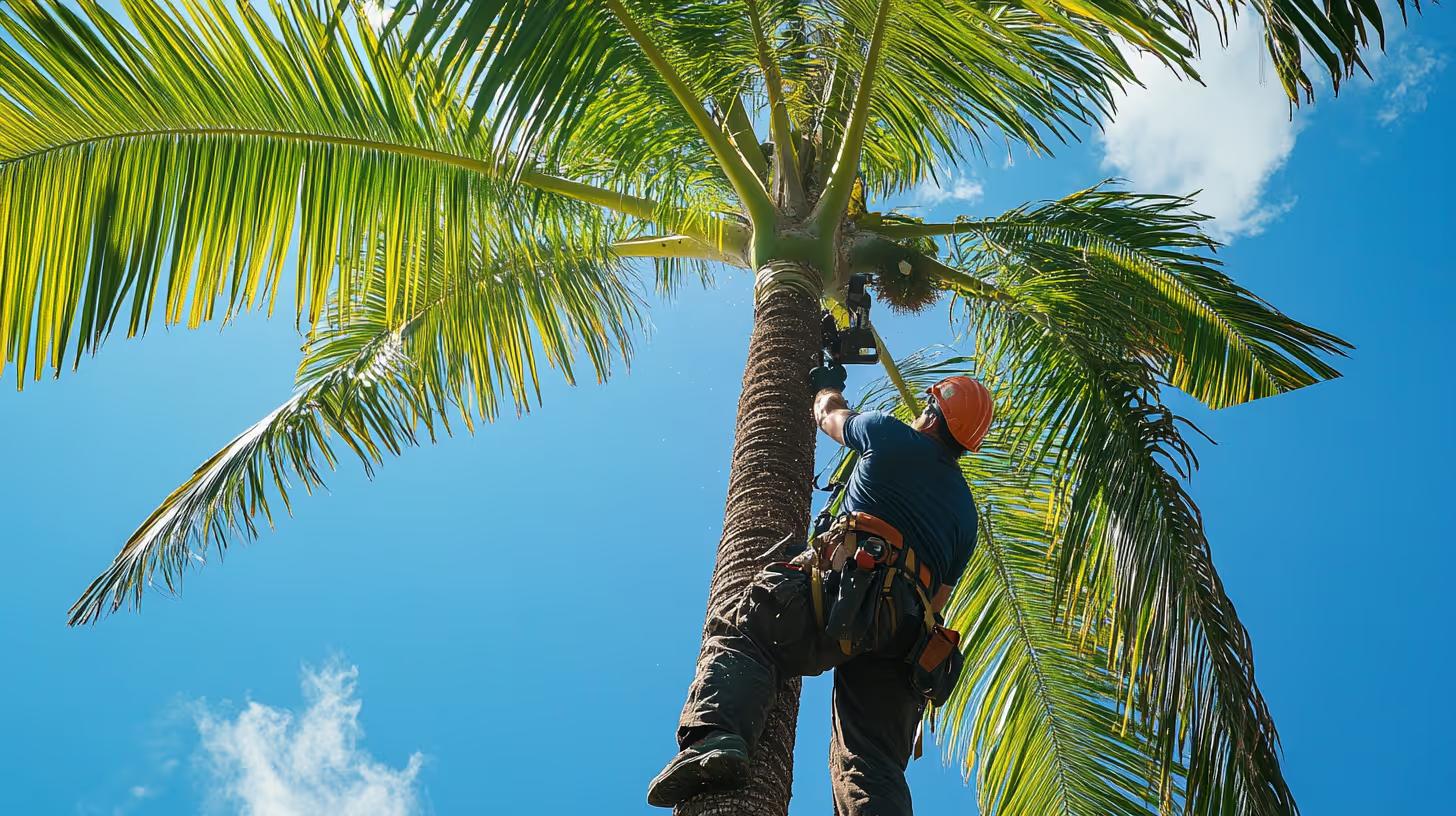 An arborist in a harness carefully trimming a tall palm tree.