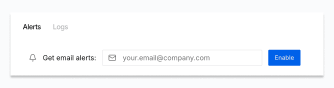 Screenshot of the Alerts tab with an email field and an Enable button for email alerts