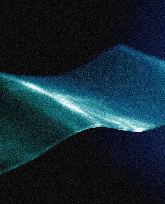 Abstract flowing wave of glass in blue and teal against black.