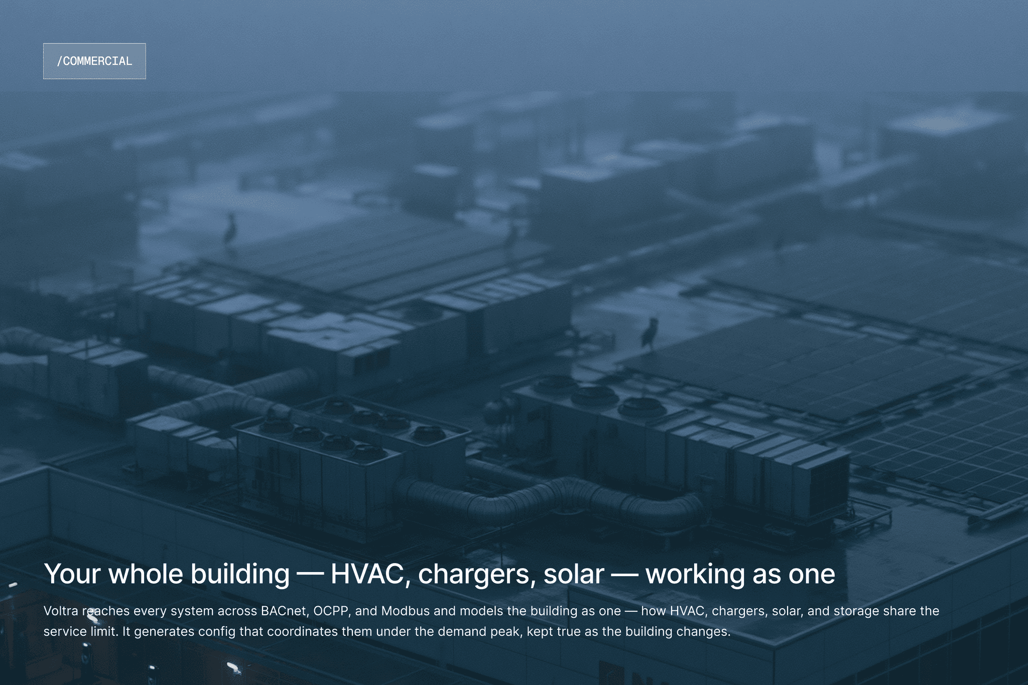 Aerial view of a commercial site with solar panels at dusk.