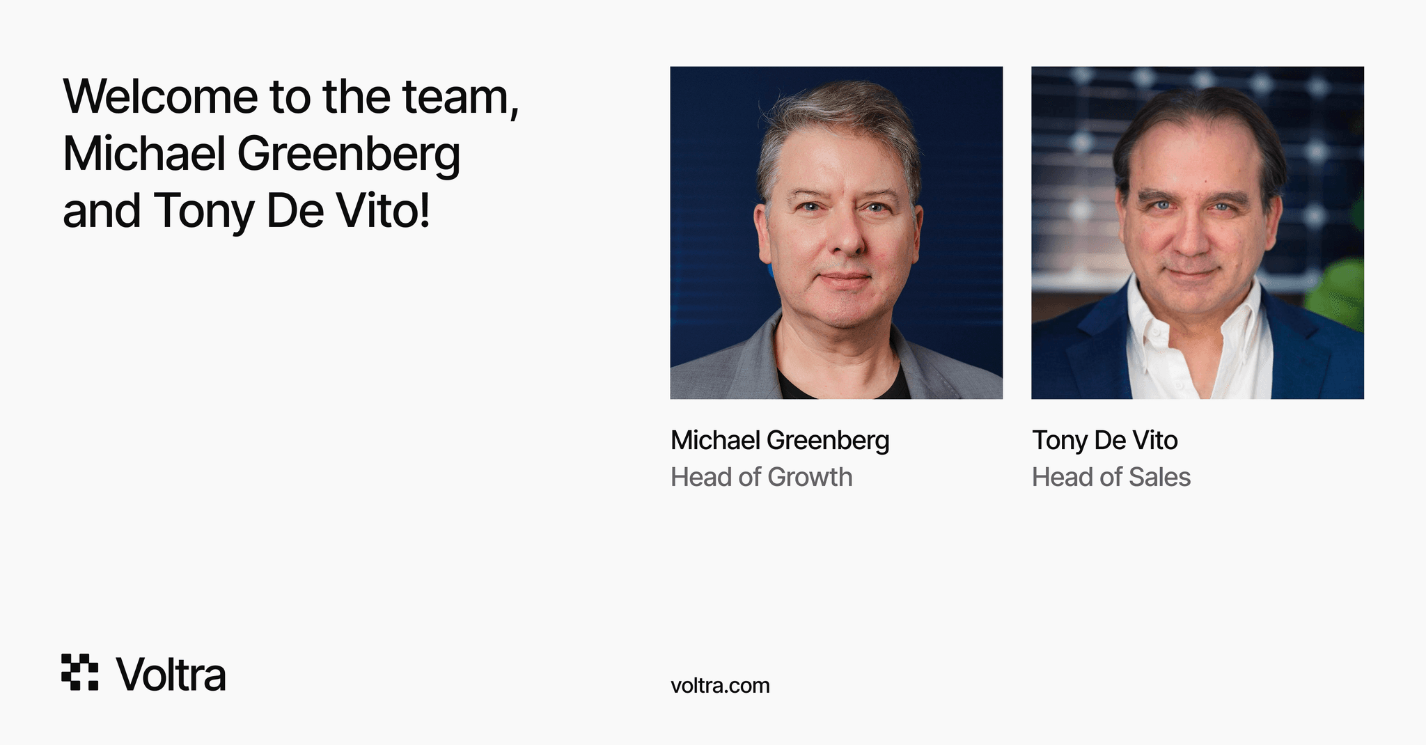 Welcome graphic with portraits of Michael Greenberg, Head of Growth, and Tony De Vito, Head of Sales