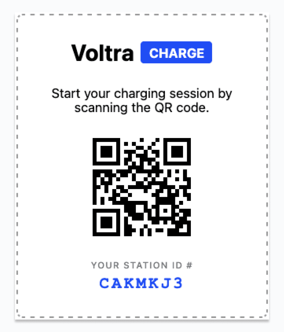 Voltra Charge QR code card that asks drivers to scan to start charging and shows the station ID