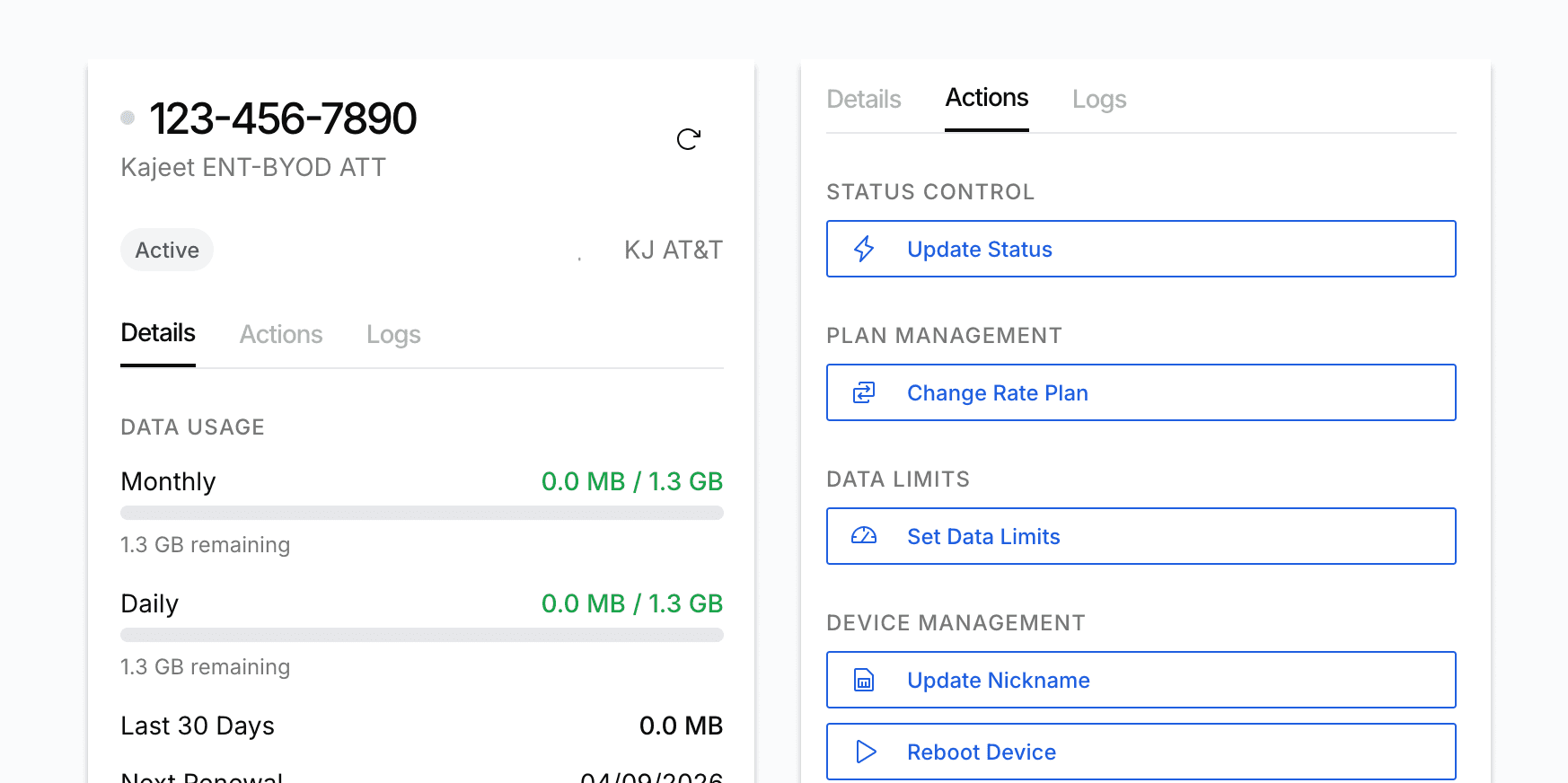 Screenshot of a Kajeet SIM in the Voltra portal with data usage and actions to change plans and set data limits