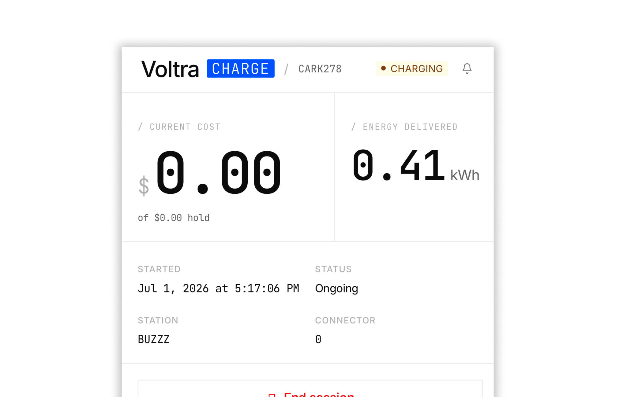 Live charging session showing energy delivered and current cost.