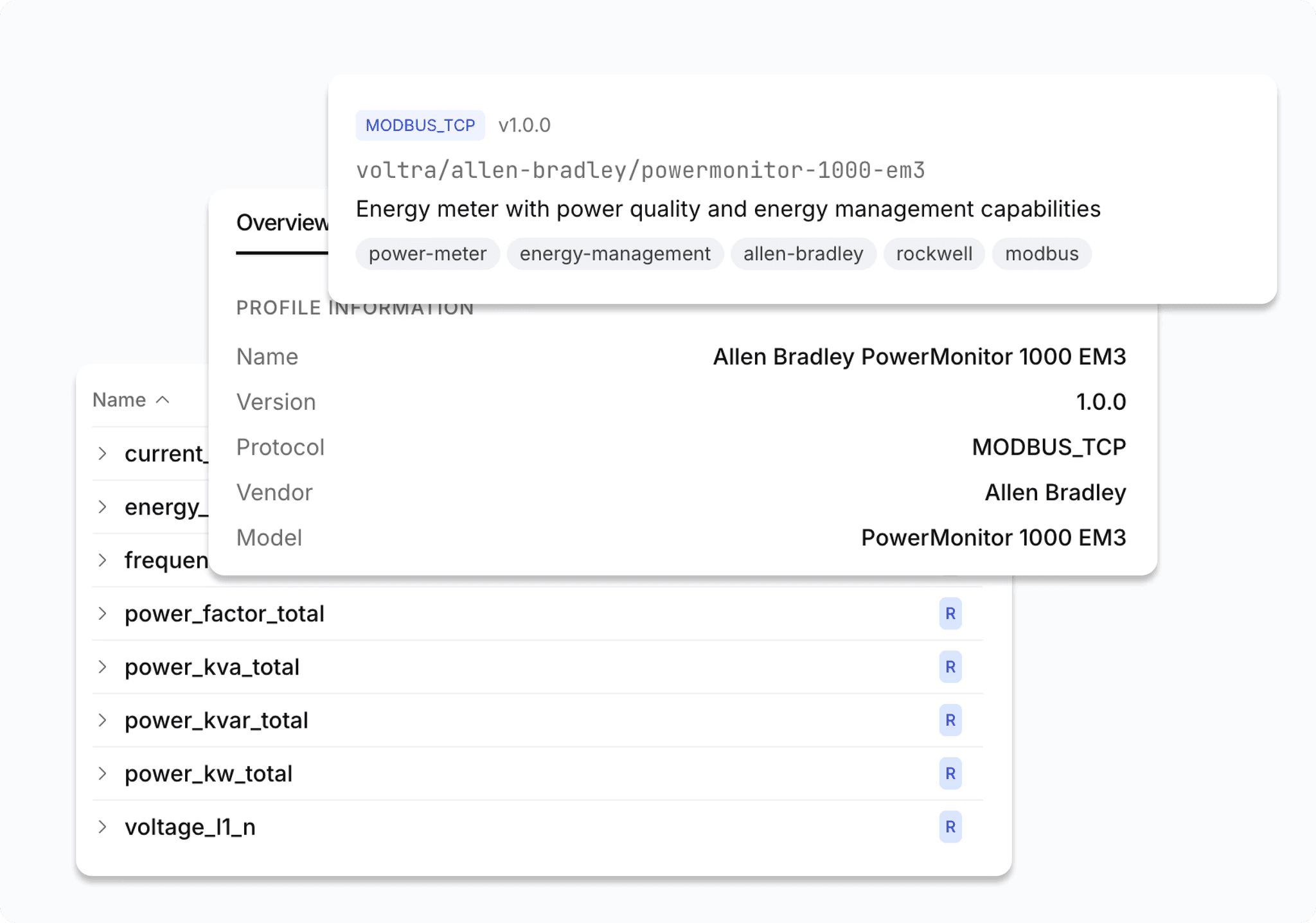 Screenshot of a Modbus TCP device profile for an Allen-Bradley PowerMonitor 1000 energy meter