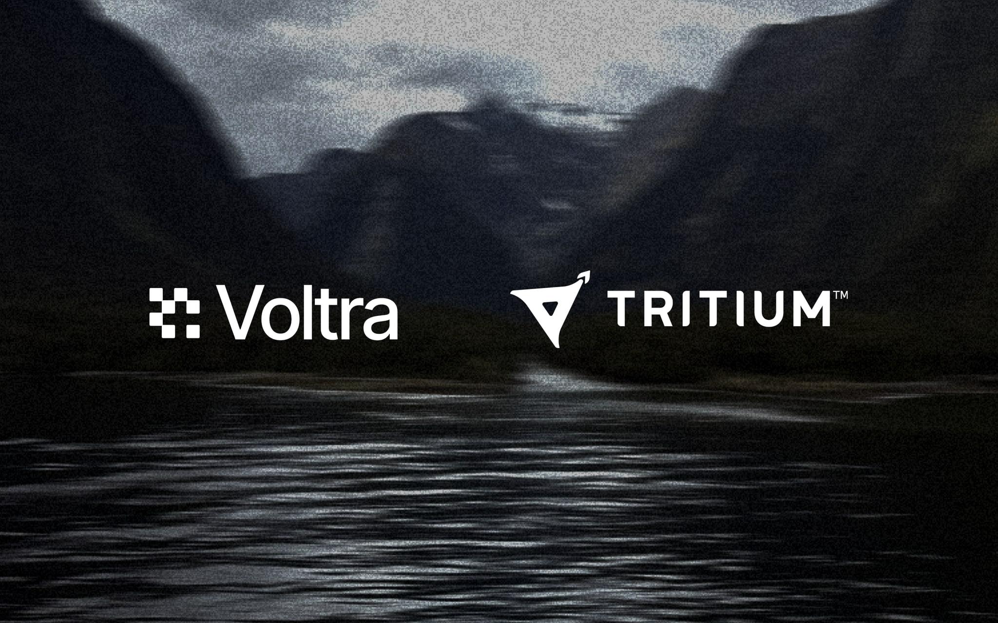 The Voltra and Tritium logos side by side over a dark mountain lake