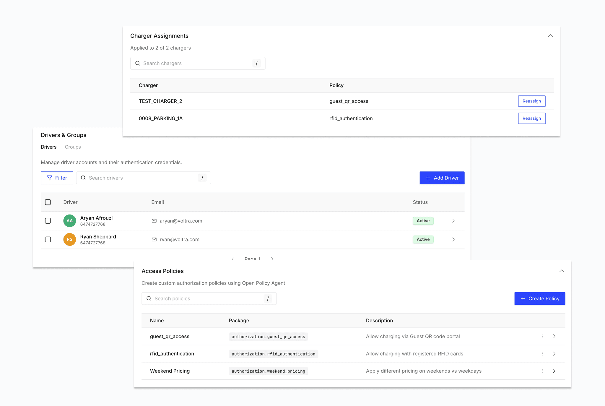 Screenshot of the charger authentication page with charger policy assignments, drivers and access policies