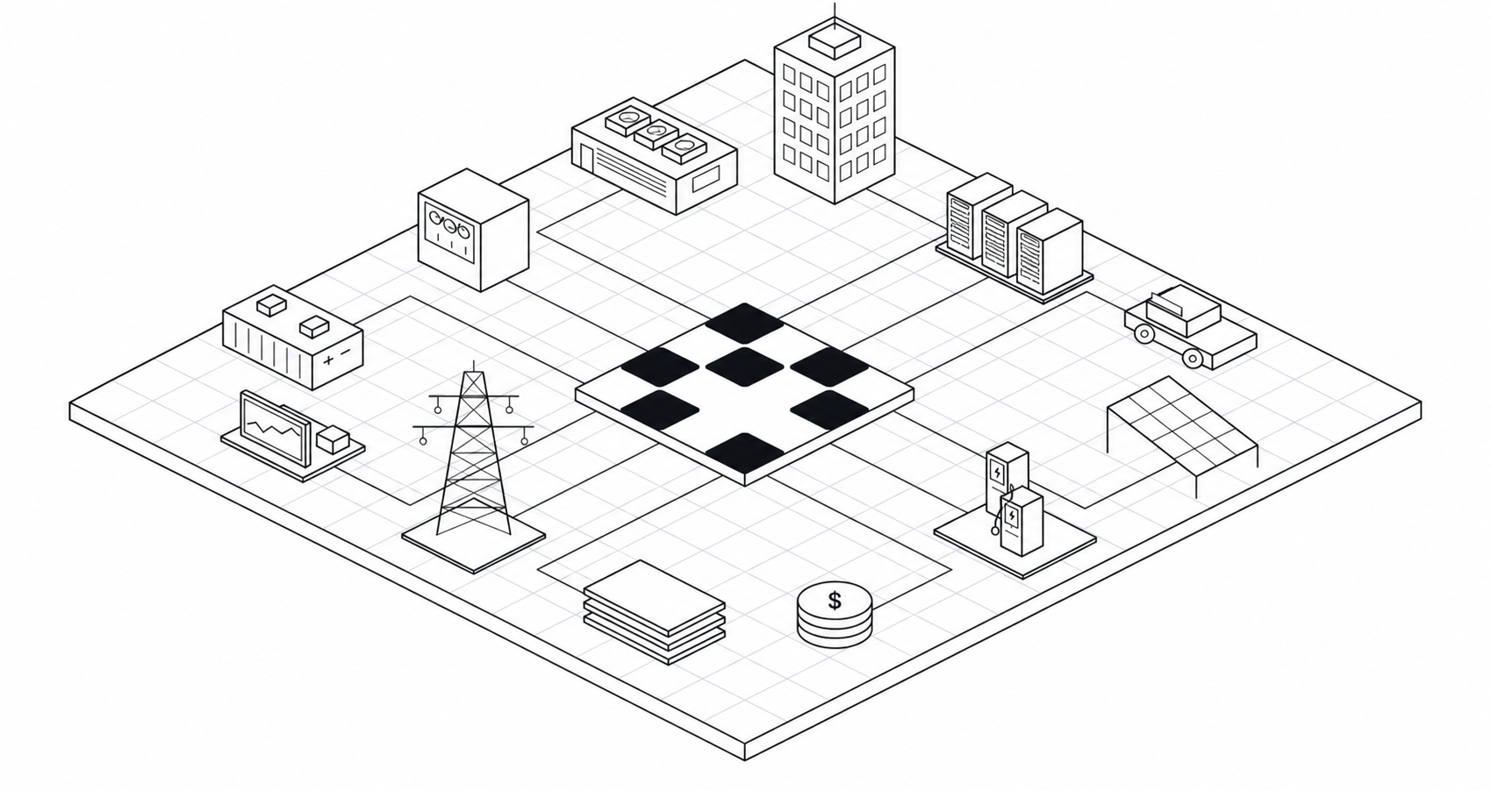 An isometric scene on a grid showing energy and software infrastructure connected by pathways. There is a control/monitoring unit (representing Industrial Control Systems), a battery (representing Batteries), a monitor displaying a chart (representing Energy Markets), a power transmission tower (representing Utility Rates & AMI), an EV charger (representing EV Chargers), coins (representing Incentive Programs), data storage blocks (representing Data Platforms), a solar panel (representing PV/Solar Systems), and a two-storey building (representing Building Management Systems)