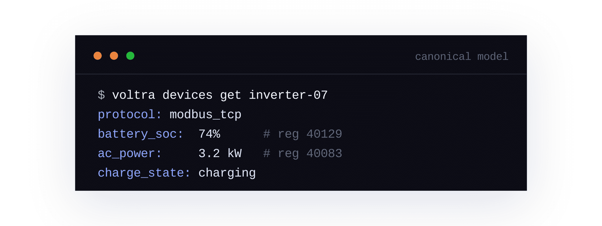 Terminal showing a device query returning protocol, battery, and charge state.