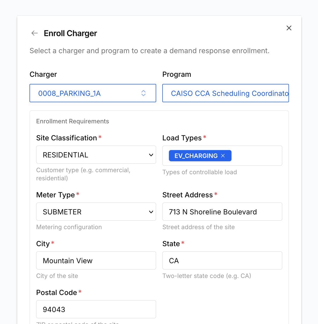 Screenshot of the Enroll Charger form for creating a demand response program enrollment