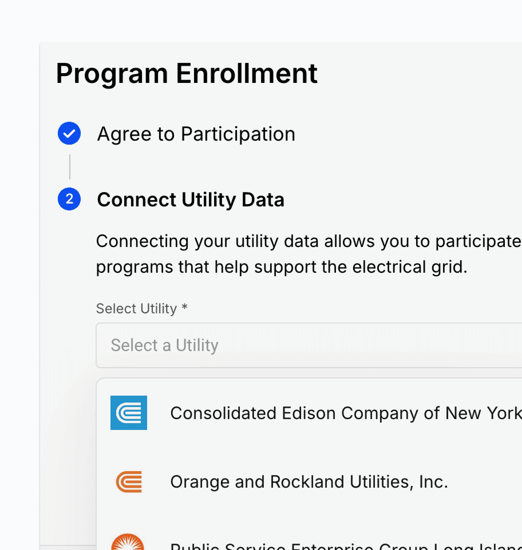 Screenshot of demand response program enrollment with a step to connect utility data by selecting a utility