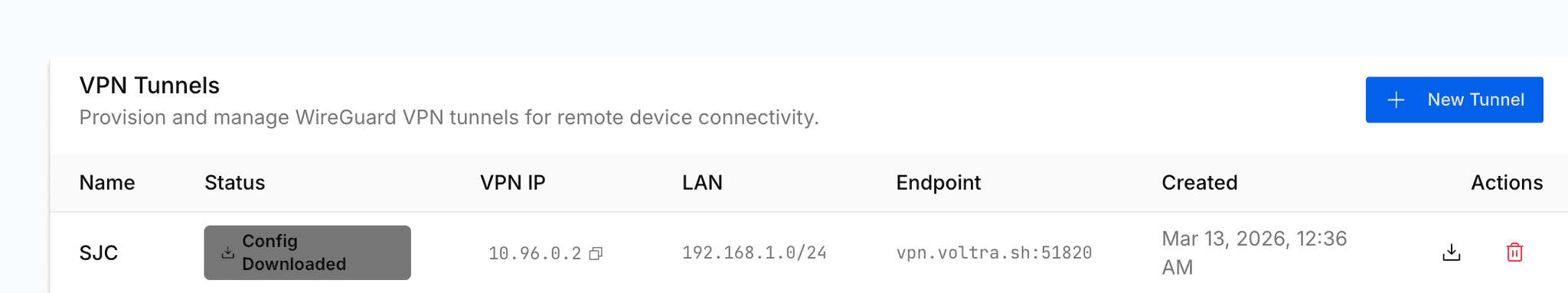Screenshot of the VPN Tunnels list showing a WireGuard tunnel with its VPN IP, LAN and endpoint