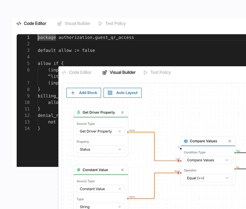 Screenshot of the policy editor showing a policy in the code editor and the same logic as nodes in the visual builder
