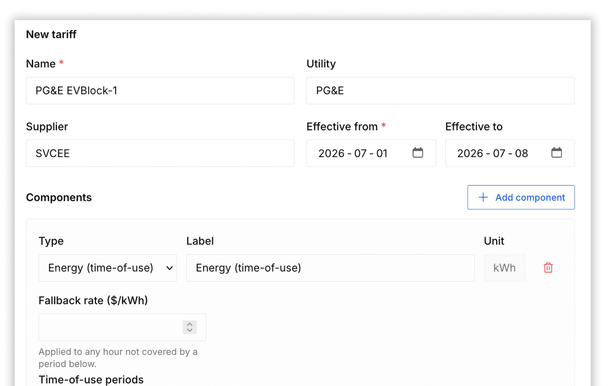 Form for creating a new energy tariff with supplier and time-of-use fields.