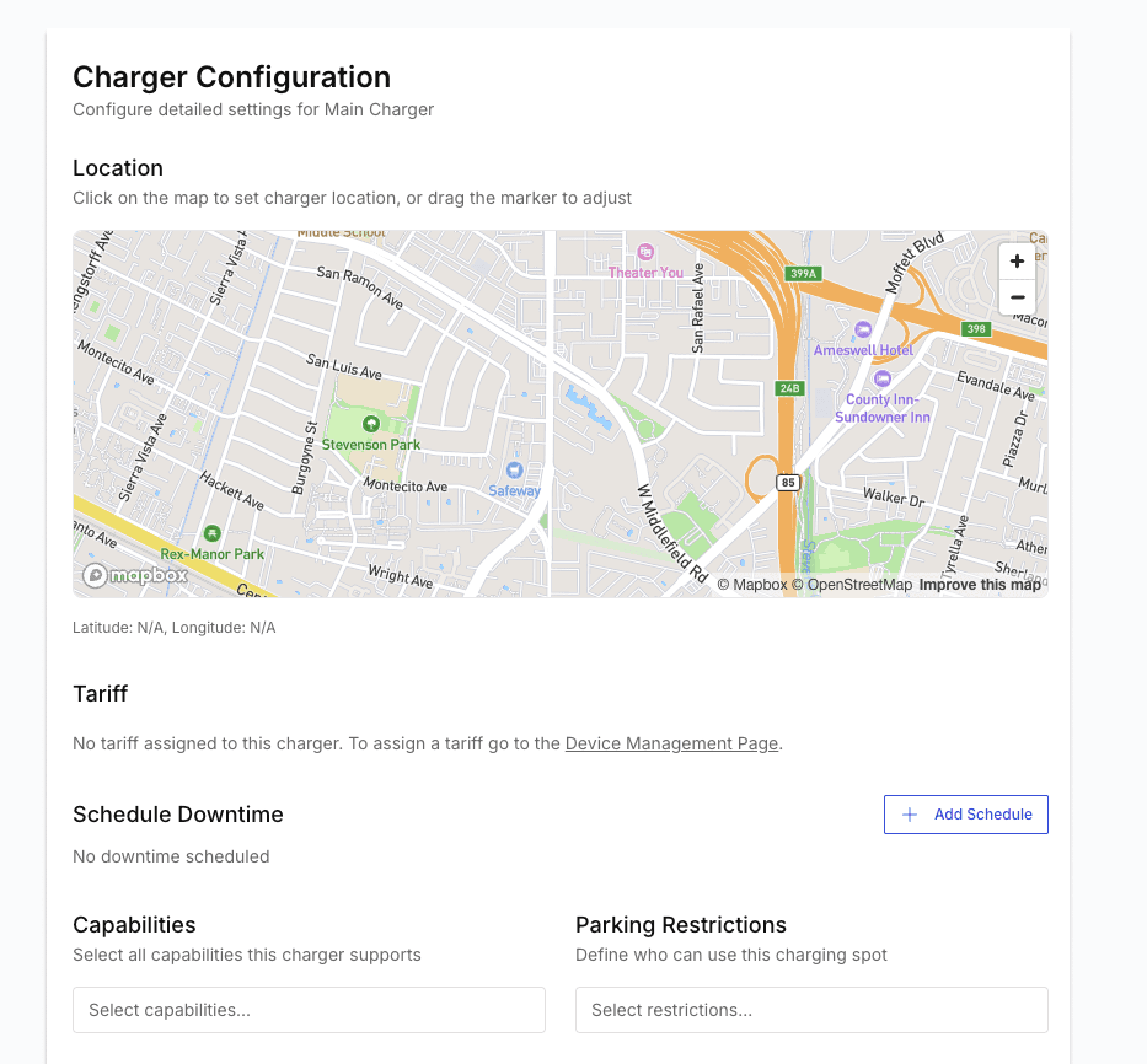 Screenshot of charger configuration with a map for setting the charger location, tariff and parking restrictions