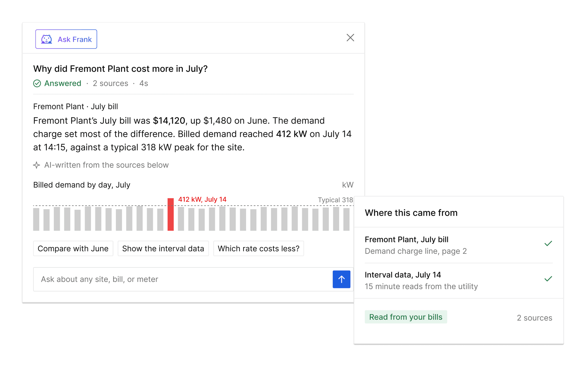 A question about one site's July bill, the answer with the demand peak that set it, and the two bill sources it was read from.