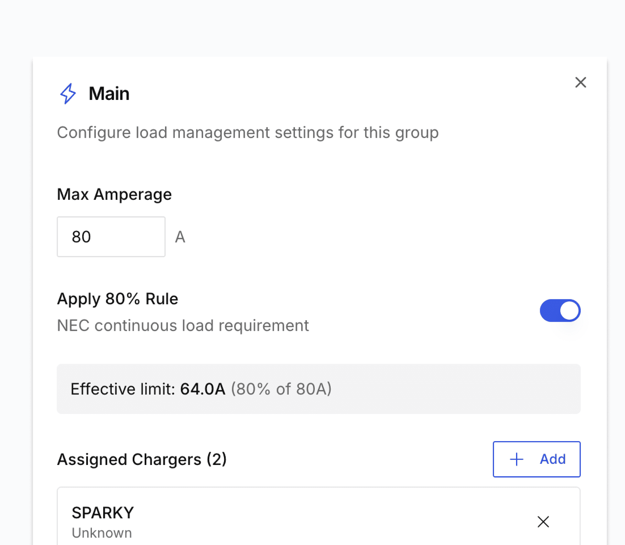 Screenshot of load management settings for a charger group with an 80 A maximum and the NEC 80% rule applied