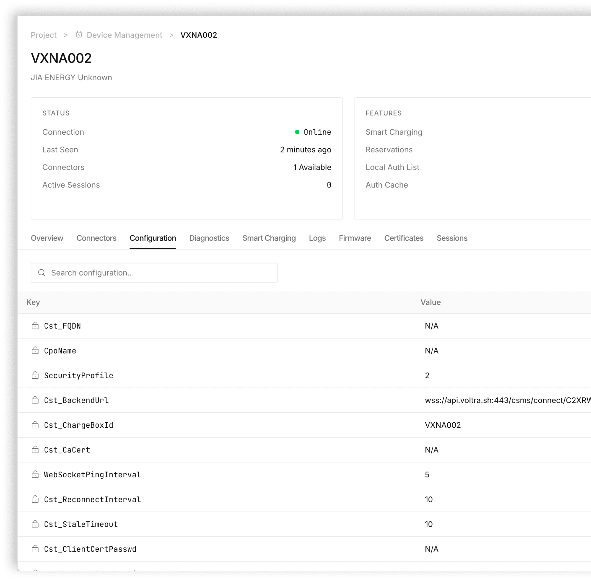 Screenshot of a charger's configuration tab in Fabric listing OCPP keys and their current values