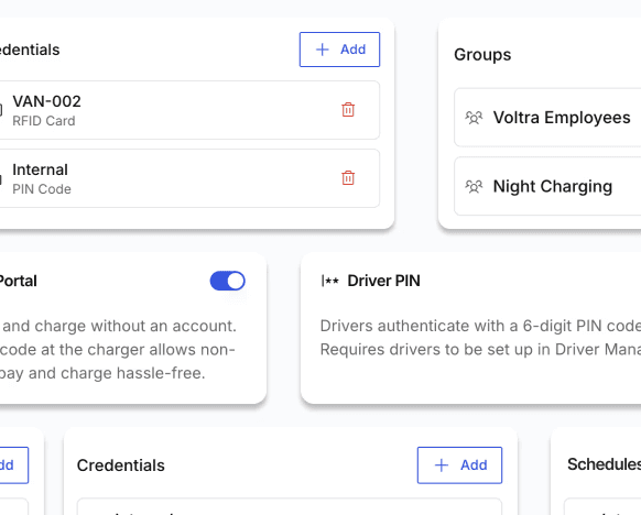 Screenshot of driver access settings: RFID and PIN credentials, driver groups, guest portal and driver PIN options
