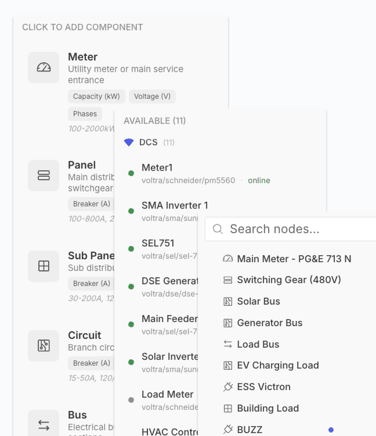 Screenshot of the topology editor's component picker with meters, panels, circuits and available site devices