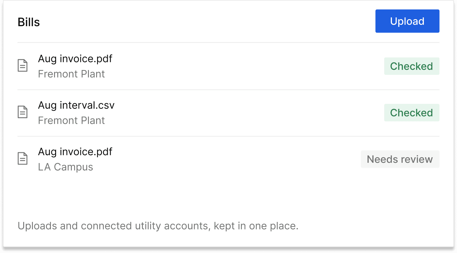 The bills inbox, with files from uploads and connected utility accounts.