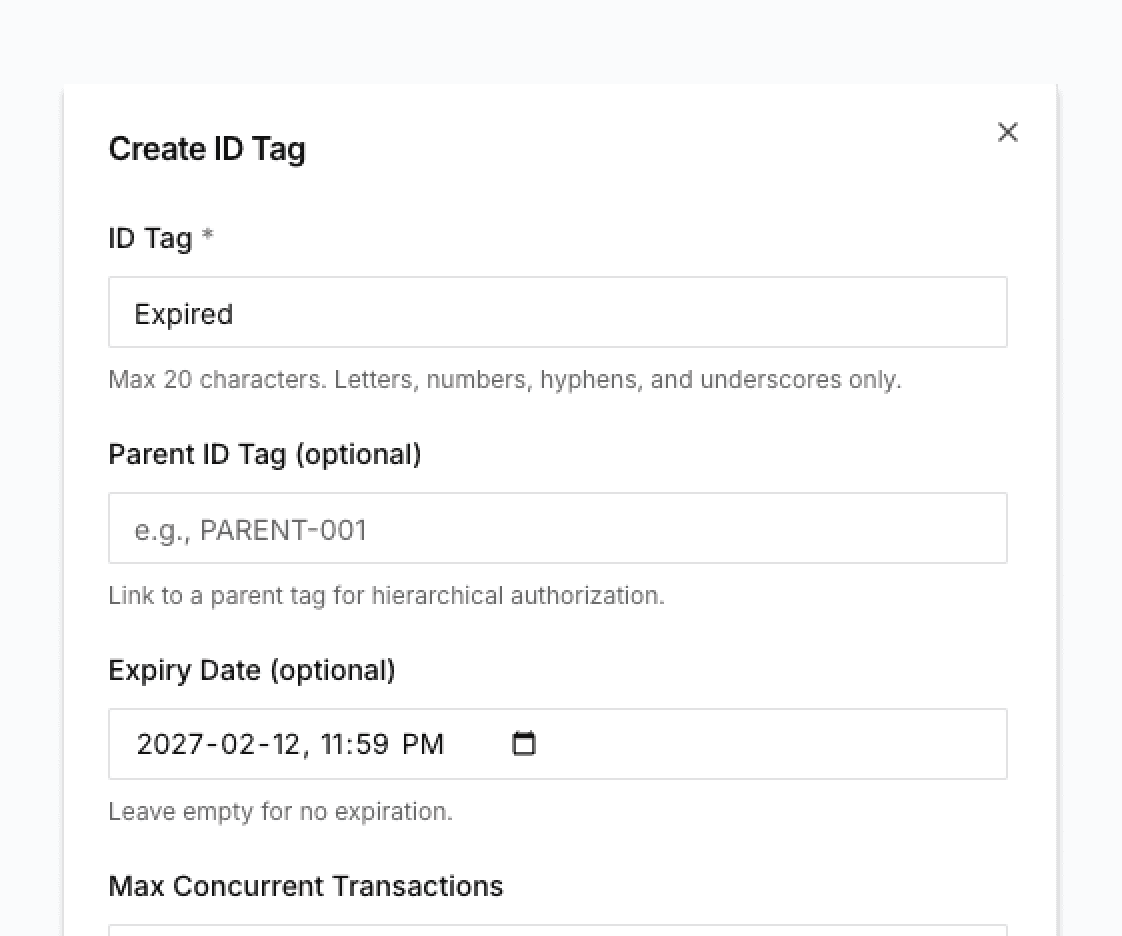 Screenshot of the Create ID Tag form with fields for the tag, parent tag and expiry date