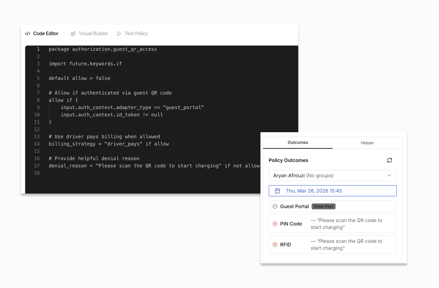 Screenshot of a generated guest QR access policy in the code editor with a panel testing its outcomes