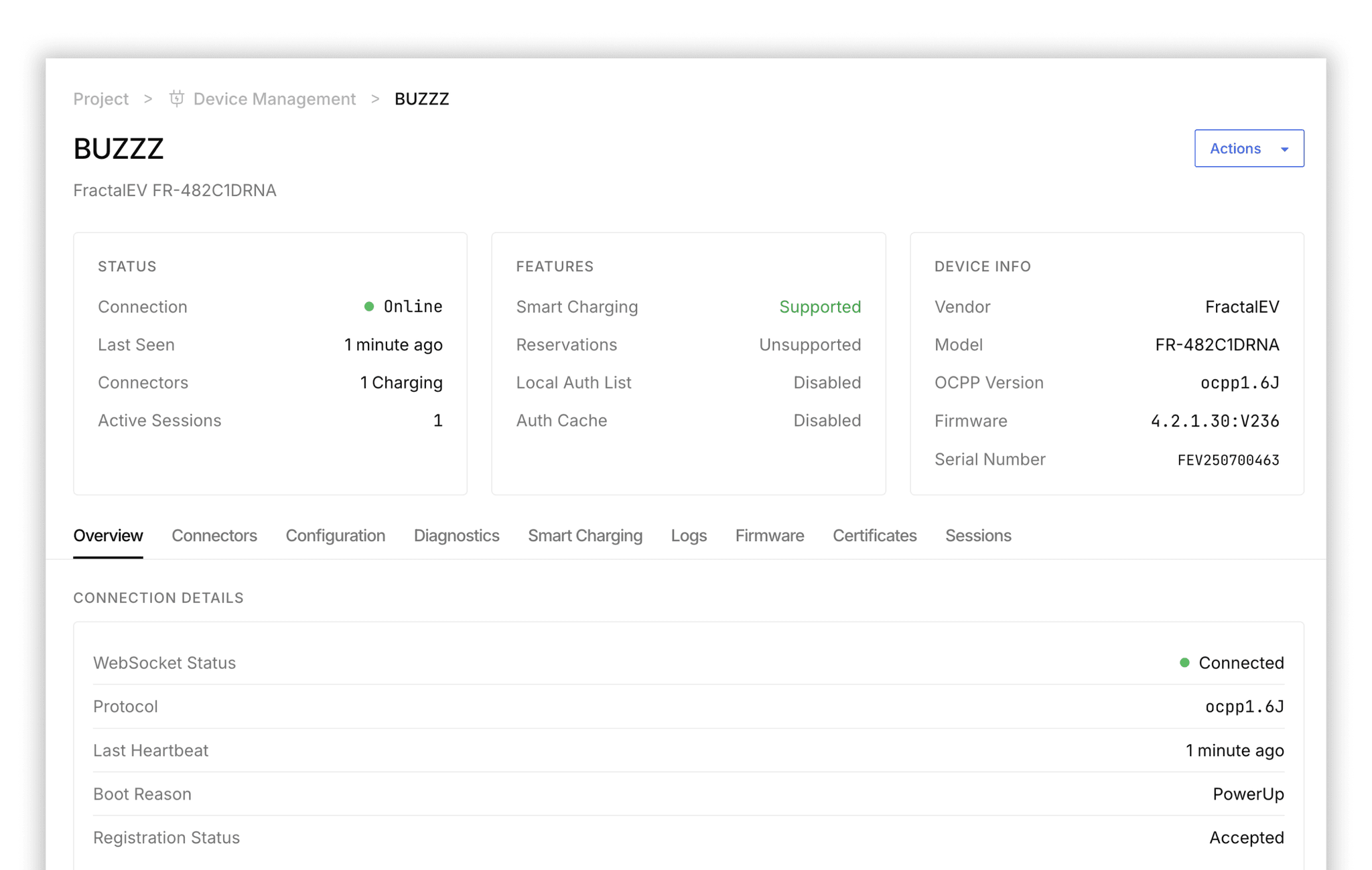 Device management screen showing a charger's online status and connection details.