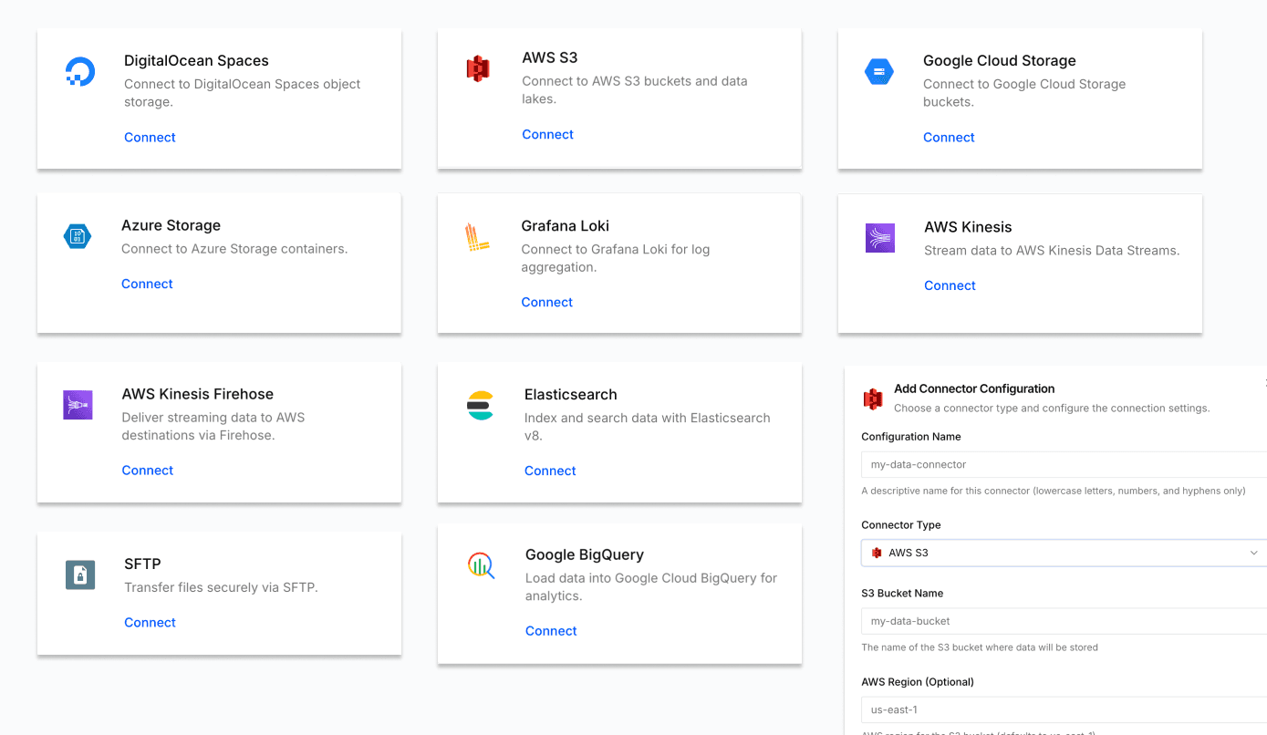 Screenshot of Data Bridge connectors, including AWS S3, BigQuery and Grafana Loki, beside an S3 connector setup form