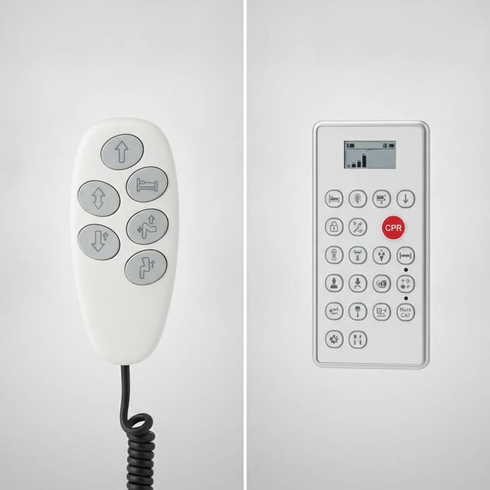 A split image showing a simple patient handset on one side and a more complex nurse control panel on the other.